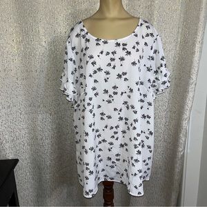 Lane Bryant Womens White Blouse with black flowers, ruffle sleeves, Size 24,